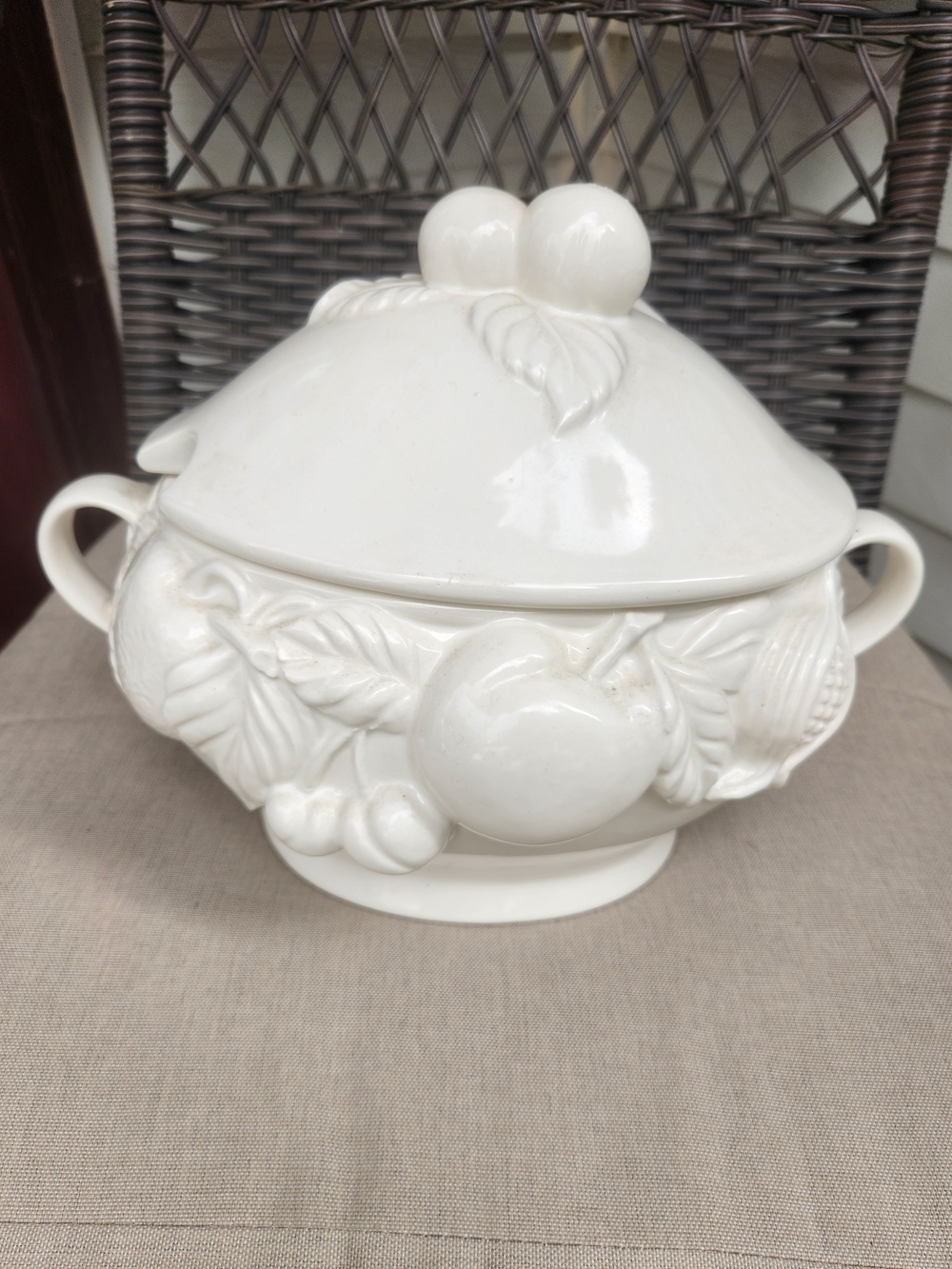 White Ceramic Covered Soup Tureen with Fruit Relief